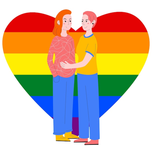 Vector zwangere lesbiennes, lesbische familie, kunstmatige inseminatie. meisje raakt de buik van haar zwangere vrouw aan tegen de achtergrond van lgbt-harten. vectorillustratie in vlakke stijl.