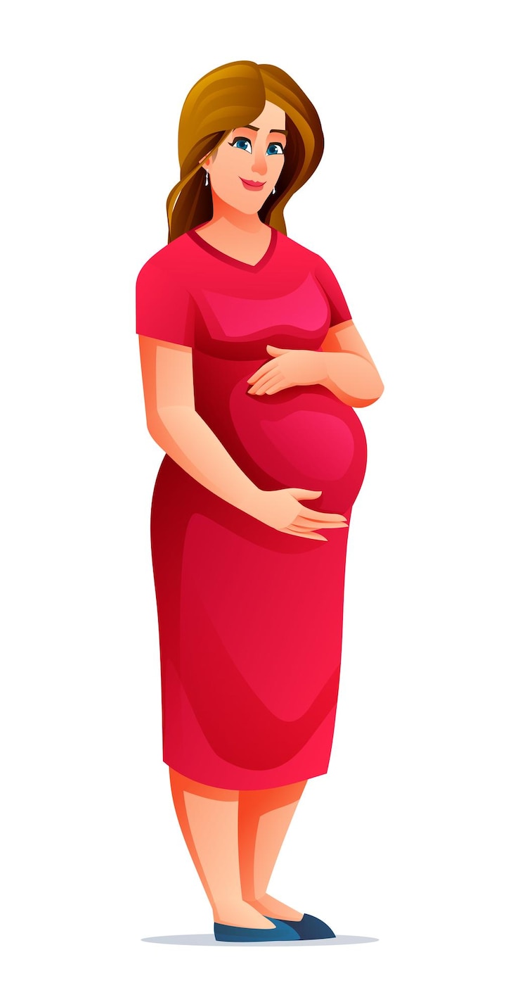 Vector zwangere vrouw die haar buik knuffelt vector cartoon illustratie