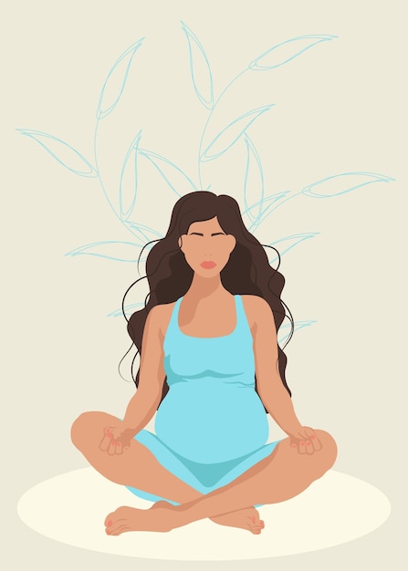 Zwangere vrouw die mediteert en in lotusbloem zit op de natuurlijke achtergrond.