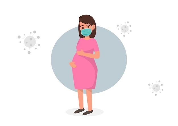 Zwangere vrouw die tegen virus vecht met een medisch masker Vlakke stijl vectorillustratie