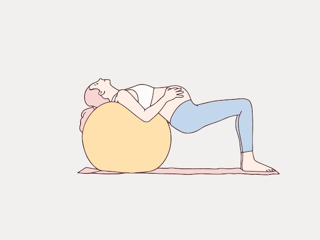 Zwangere vrouw die yoga op illustratie van de matras de eenvoudige Koreaanse stijl doet