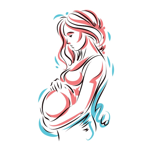 Zwangere vrouw elegante lichaam silhouet, schetsmatige vectorillustratie. Liefde en zacht gevoel concept. Moederdag.