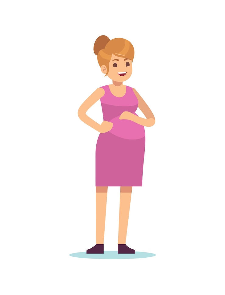 Vector zwangere vrouw. gelukkig zwangerschapsvrouwtje dat in roze jurk staat, wachtend op kind, eenvoudig mooi karakter met grote buik, moederschap en familieconcept, schattige platte vector geïsoleerde stripfiguur