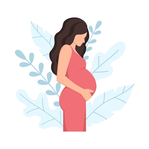 Vector zwangere vrouw in rode jurk op achtergrond met bladeren. zwangerschap en moederschap concept. vlak gezicht