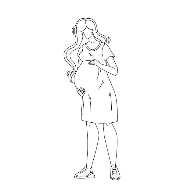 Zwangere vrouw knuffelen Touch buik buik zwarte lijn potlood tekening Vector. Zwanger jong meisje wat betreft buik, toekomstige moeder wacht op bevalling. Karakter Zwangerschap en moederschap Illustratie