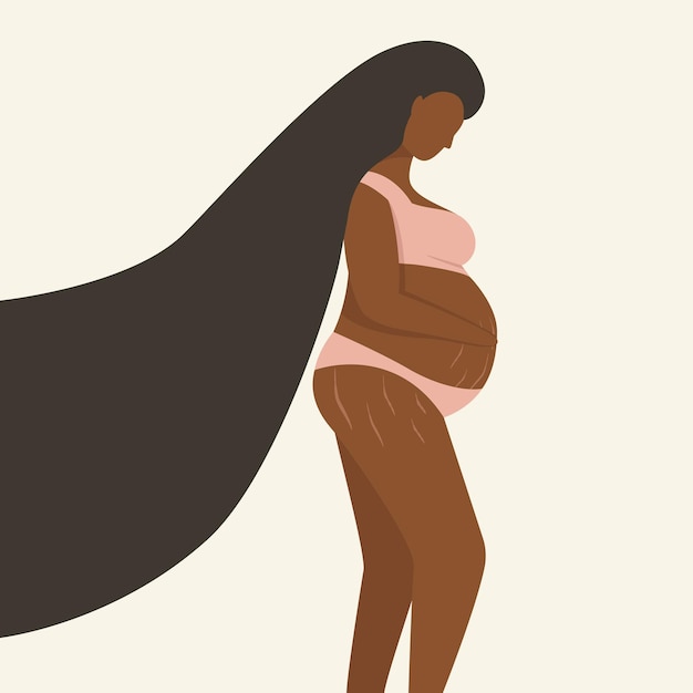 Zwangere vrouw met donkere huid in een badpak Body positive Striae bij een zwangere vrouw Vlakke stijl
