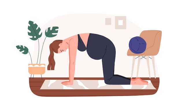 Zwangere vrouw oefent, beoefent yoga. Moeder in Cat Pose tijdens prenatale training. Zwangerschapsfitness voor moeders met buik. Stretch gymnastiek. Platte vectorillustratie geïsoleerd op een witte achtergrond