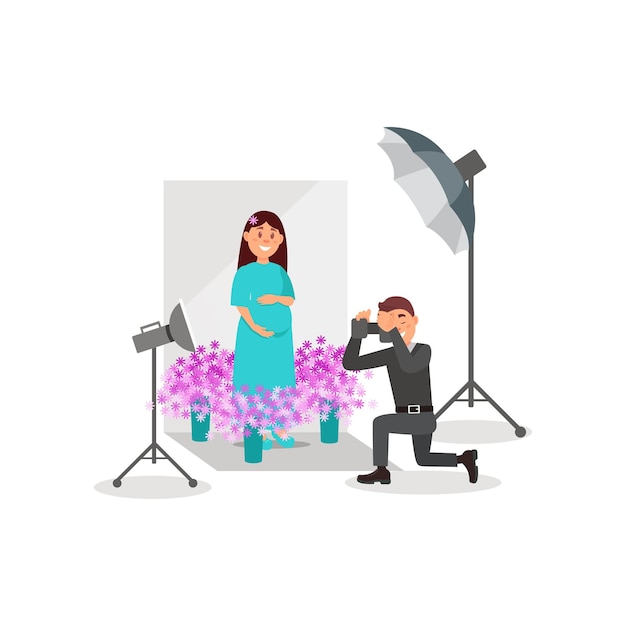 Zwangere vrouw poseren in fotostudio fotograaf tijdens het fotograferen van witte achtergrond met bloemen lichten en camera vector illustration