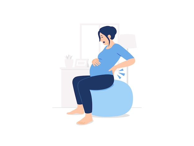 Zwangere vrouw zit op fitness pilates bal lage rugpijn rugpijn gynaecologie concept illustratie