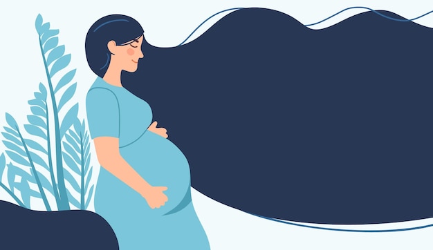 Zwangerschap Een moderne poster met een schattige zwangere vrouw met lang haar en een plek voor tekst