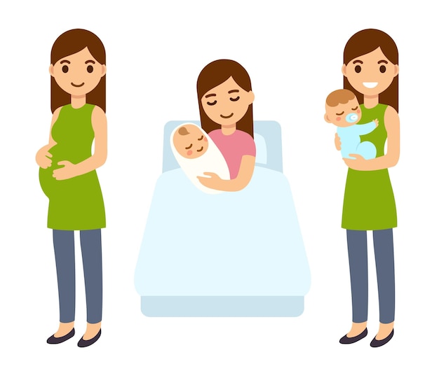 Zwangerschap en geboorte schattige cartoon vectorillustratie. jonge zwangere vrouw, in ziekenhuisbed met pasgeboren baby, nieuwe moeder met kind. moderne eenvoudige gezondheidszorg en medische infographic ontwerpelementen.