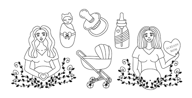 Zwangerschap en moederschap, zwart-wit doodle set