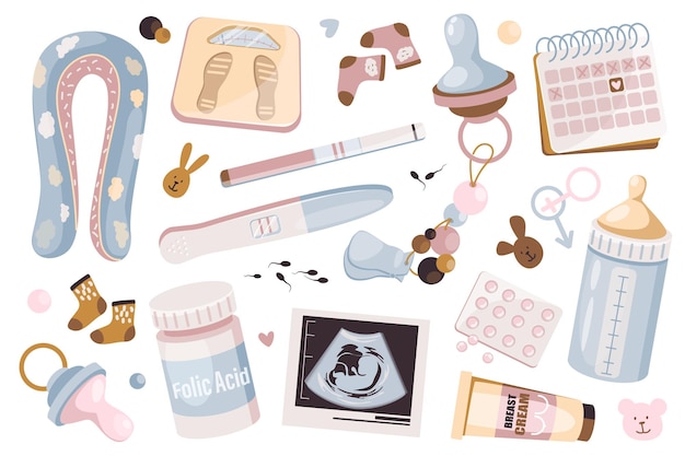 Zwangerschapsitems instellen grafische elementen in plat ontwerp Bundel kussenweegschalen sokken kalender fopspeen melkfles borstcrème echografie foetus en andere vector illustratie geïsoleerde objecten