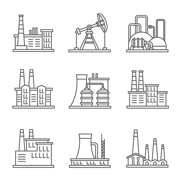 Zware industrie elektriciteitscentrale en fabriek dunne lijn pictogrammen