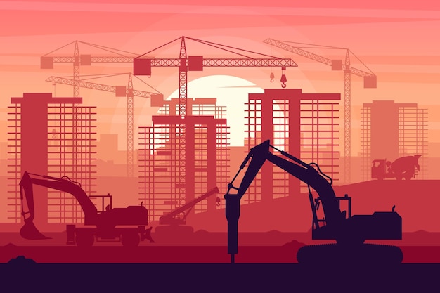 Zware machines van mobiele graafmachine, betonwagen, hamergraafmachine en telescopische kraan die aan bouwconstructie werken met zonsondergangachtergrond