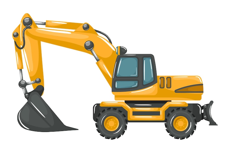 Vector zware mijnbouw- en bouwmachines met gele mobiele graafmachine in cartoonstijl