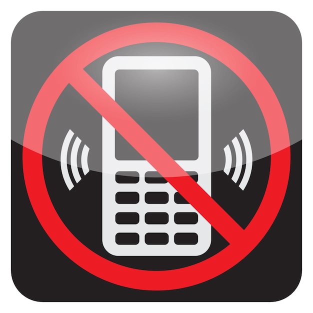 Vector zwart bord met verbod op het gebruik van mobiele telefoons vectorillustratie met waarschuwingssymbool