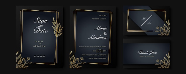 Zwart en goud bruiloft uitnodiging sjabloon set. abstracte bloemenontwerpreeks als achtergrond. luxe moderne stijl behang met kunstbloem en botanische bladeren, organische vormen