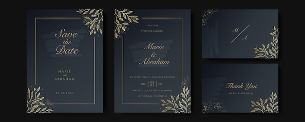 Zwart en goud bruiloft uitnodiging sjabloon set. Abstracte bloemenontwerpreeks als achtergrond. Luxe moderne stijl behang met kunstbloem en botanische bladeren, organische vormen