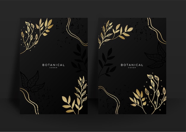 Zwart en goud bruiloft uitnodiging sjabloon set. Abstracte bloemenontwerpreeks als achtergrond. Luxe moderne stijl behang met kunstbloem en botanische bladeren, organische vormen