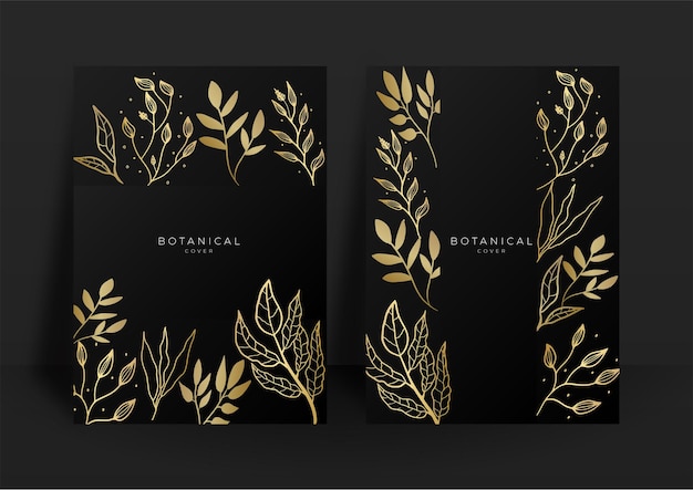 Zwart en goud bruiloft uitnodiging sjabloon set. Abstracte bloemenontwerpreeks als achtergrond. Luxe moderne stijl behang met kunstbloem en botanische bladeren, organische vormen