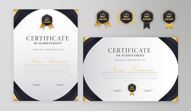 Vector zwart en goud certificaat met badge a4-sjabloon