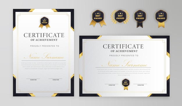 Zwart en goud certificaat met badge en rand vector a4-sjabloon