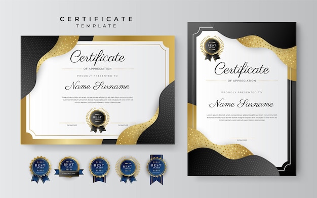 Zwart en goud certificaat van prestatie grenssjabloon met luxe badge en modern lijnpatroon Voor zakelijke en onderwijsbehoeften