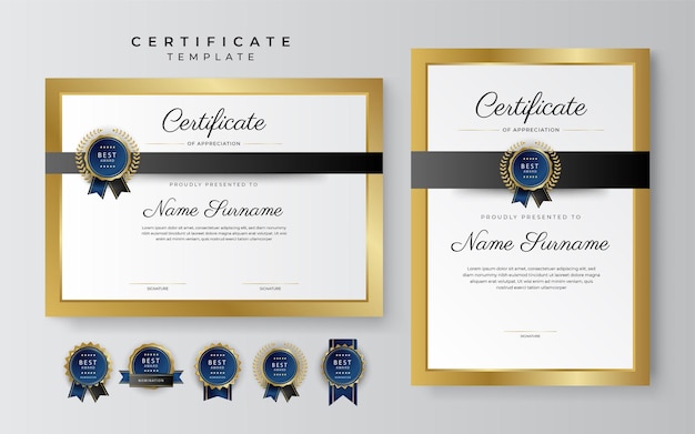 Zwart en goud certificaat van prestatie grenssjabloon met luxe badge en modern lijnpatroon Voor zakelijke en onderwijsbehoeften
