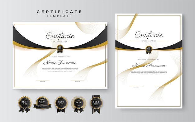 Zwart en goud certificaat van prestatie-sjabloon met gouden badge en rand