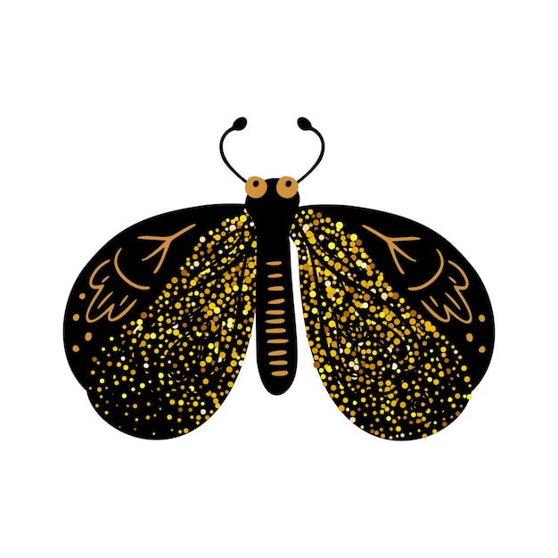 Zwart en goud glitter nachtvlinder vlinder hemelse vector fairy insect bug illustratie