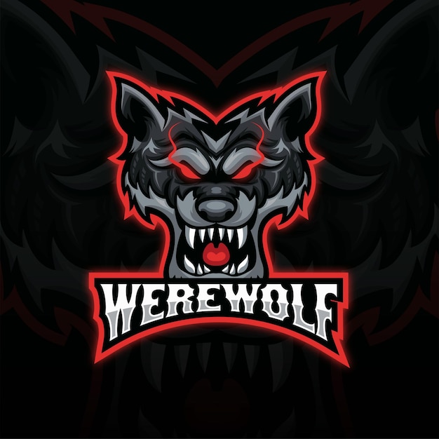 Zwart en rood boos wolf hoofd mascotte esport logo. vooraanzicht wolf hoofd logo ontwerp