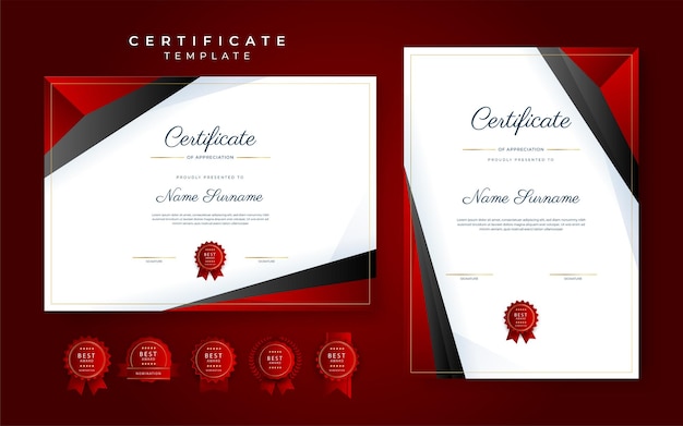 Zwart en rood certificaat van prestatiegrenssjabloon met luxe badge en modern lijnpatroon Voor zakelijke en onderwijsbehoeften