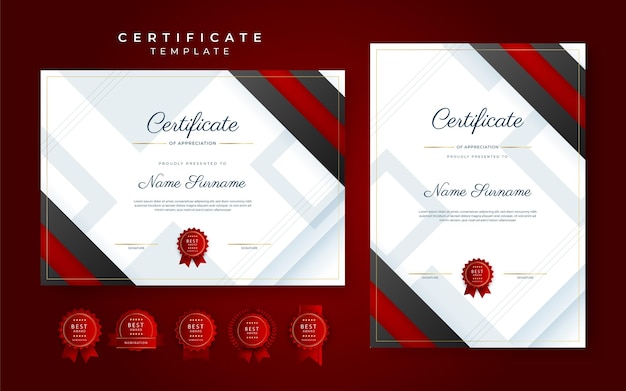 Zwart en rood certificaat van prestatiegrenssjabloon met luxe badge en modern lijnpatroon Voor zakelijke en onderwijsbehoeften