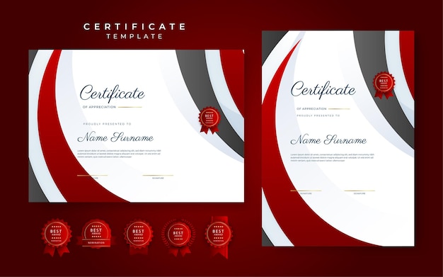 Zwart en rood certificaat van prestatiegrenssjabloon met luxe badge en modern lijnpatroon Voor zakelijke en onderwijsbehoeften