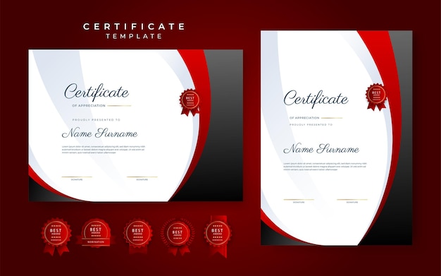 Zwart en rood certificaat van prestatiegrenssjabloon met luxe badge en modern lijnpatroon Voor zakelijke en onderwijsbehoeften