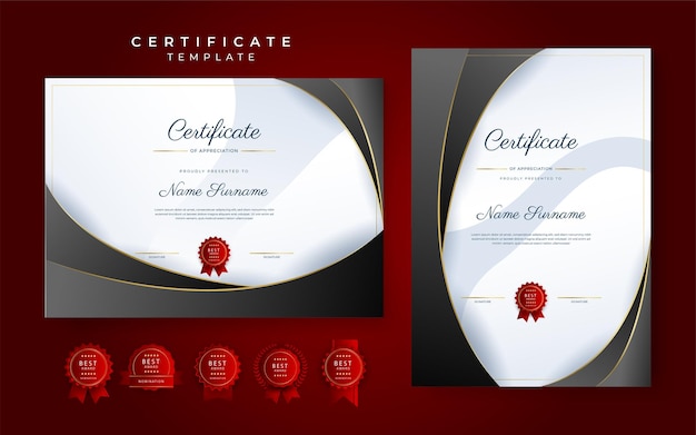 Zwart en rood certificaat van prestatiegrenssjabloon met luxe badge en modern lijnpatroon Voor zakelijke en onderwijsbehoeften