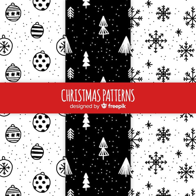 Zwart en wit hand getrokken kerst patroon collectie