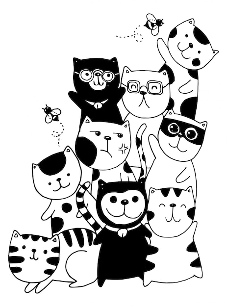 Zwart en wit Hand tekenen, kat tekens instellen stijl doodles illustratie kleuren voor kinderen.