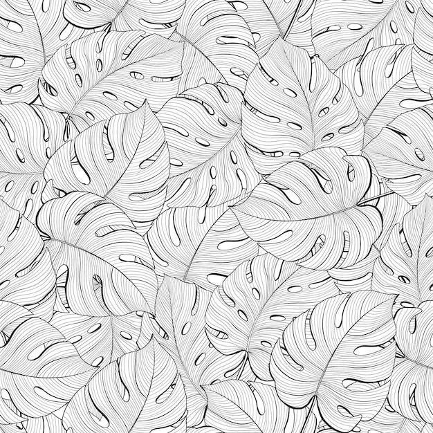 Zwart en wit naadloze patroon met overlappende monstera bladeren