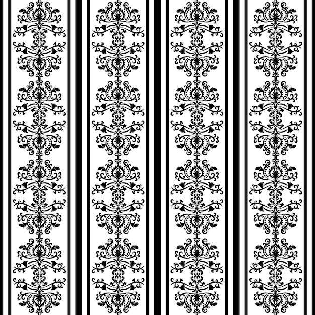 Zwart en wit vintage behang met strepen en vintage ornamenten Naadloos abstract damast