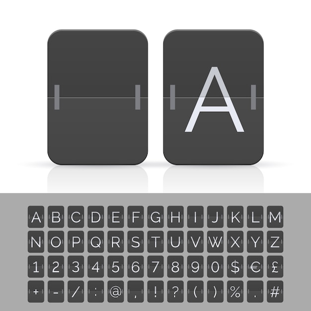 Vector zwart flip scorebord alfabet, cijfers en symbolen.