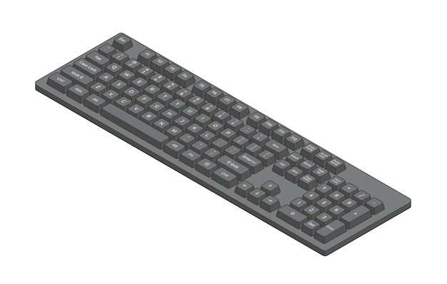 Zwart isometrisch toetsenbord met omtrek en letters en numpad in minimalistische volumetrische stijl