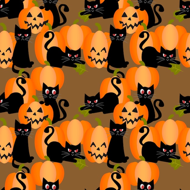 Vector zwart kat en halloween-pompoenen naadloos patroon