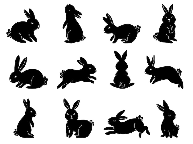 Zwart konijn silhouet Zittend konijntje schattig springende konijnen en contour dieren vector set
