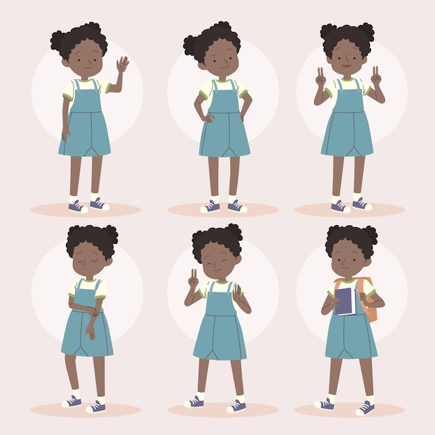 Vector zwart meisje in verschillende poses hand getekende illustratie