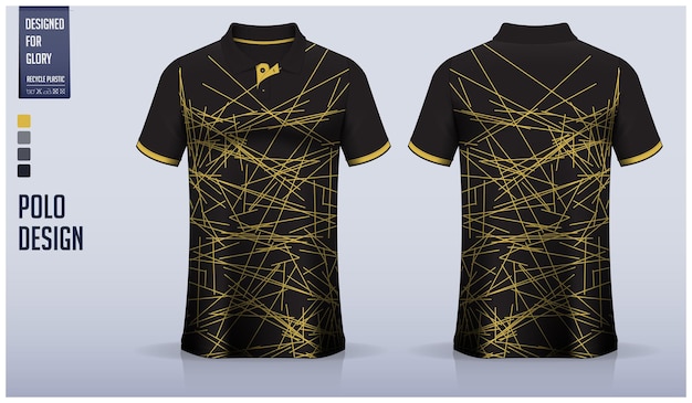 Vector zwart poloshirt mockup sjabloonontwerp met willekeurig gouden rechte lijnpatroon