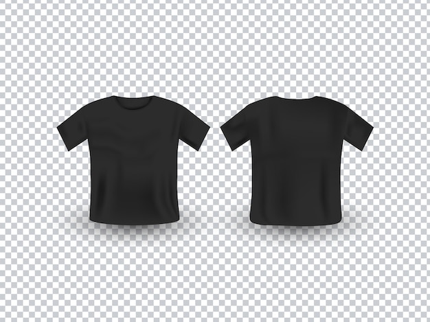 Vector zwart realistisch t-shirt mockup van voor- en achteraanzicht op transparante achtergrond.