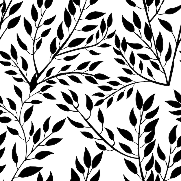 Zwart silhouet naadloze patroon hand getekende boomtakken met bladeren botanische bloemen bloemen hand getekende Scandinavische stijl kunst design element platte vectorillustratie