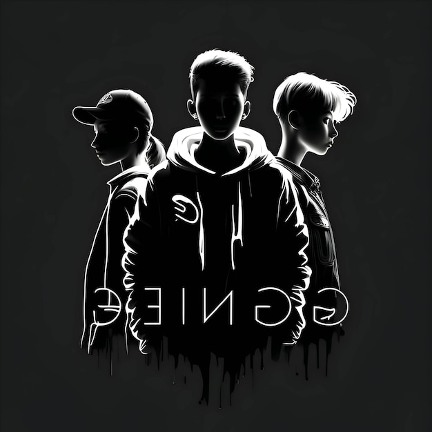 Zwart silhouet van drie jongens op grijze achtergrond